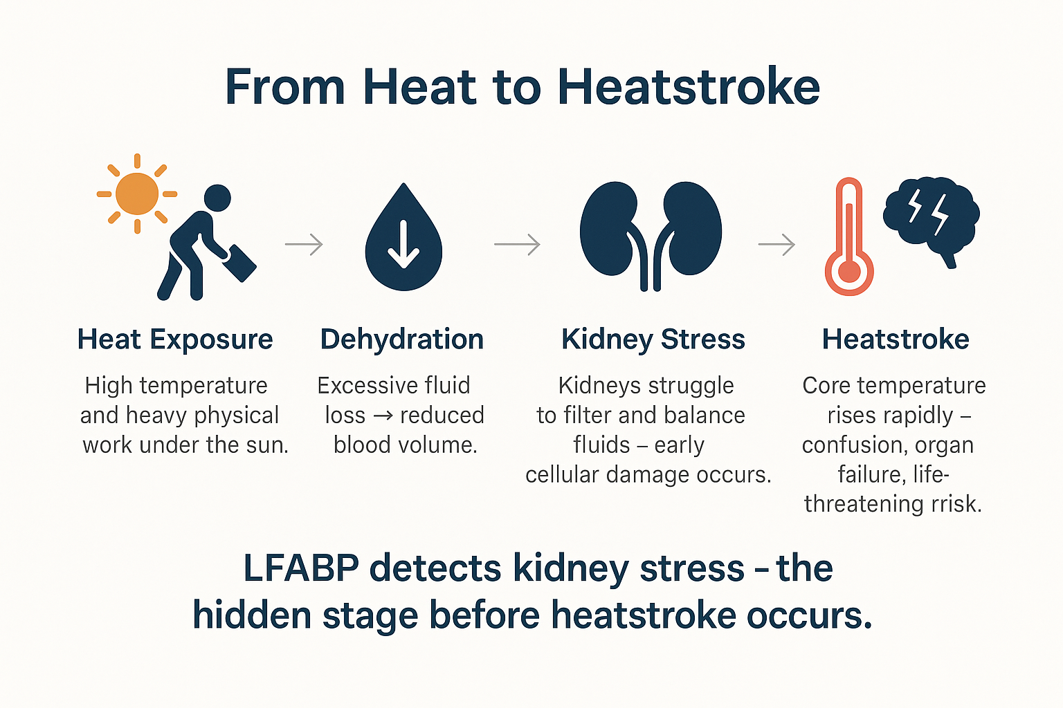 From Heat to Heatstroke progression diagram showing four stages: Heat Exposure, Dehydration, Kidney Stress (where LFABP detects), and Heatstroke